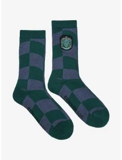Harry Potter Slytherin Crest Wavy Checkered Crew Socks - BoxLunch Exclusive -BoxLunch Shop 19465590 av2