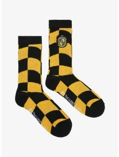 Harry Potter Hufflepuff Crest Wavy Checkered Crew Socks - BoxLunch Exclusive -BoxLunch Shop 19465594 av2